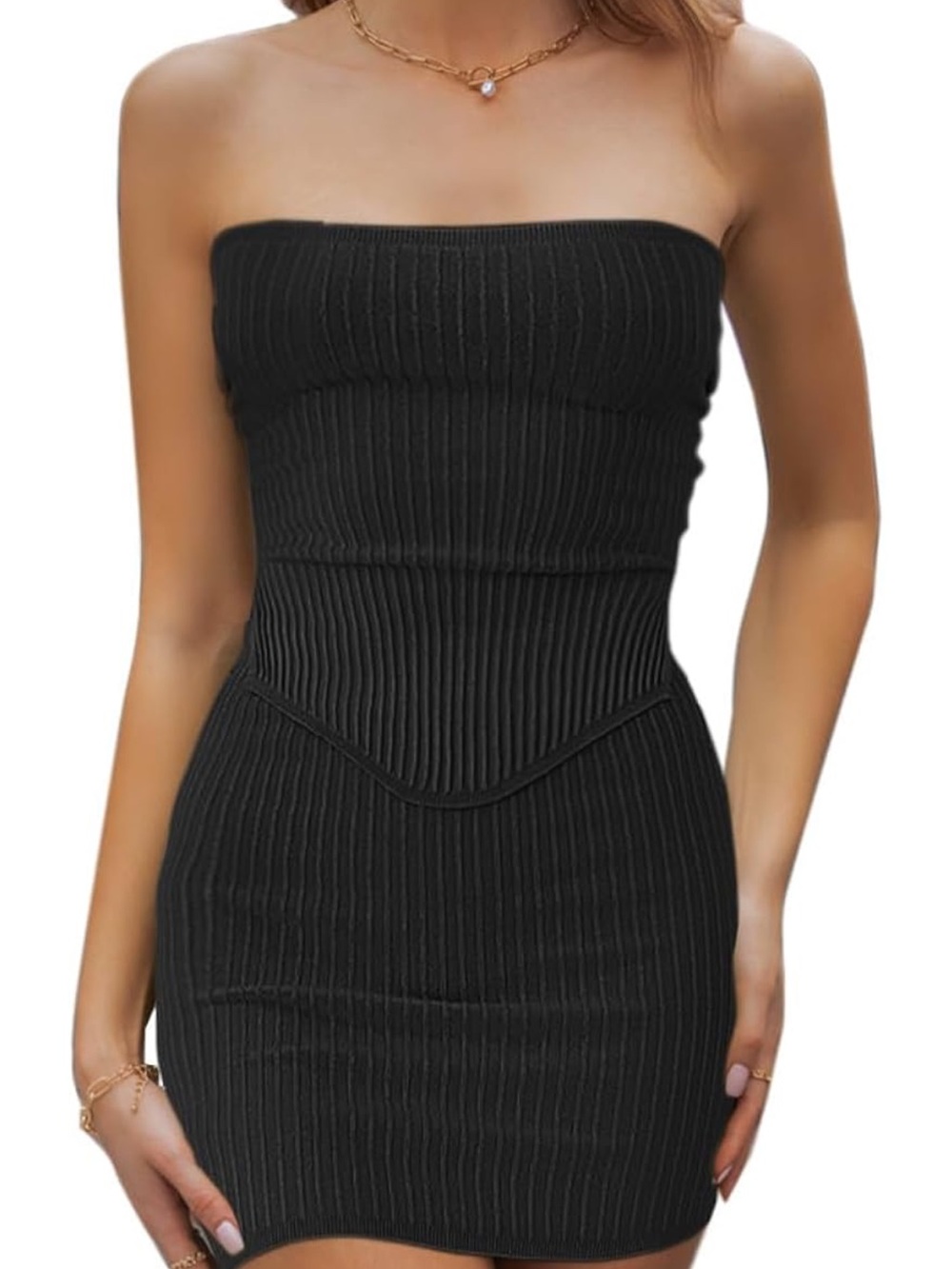 Strapless Ribbed Skirt Set - Black